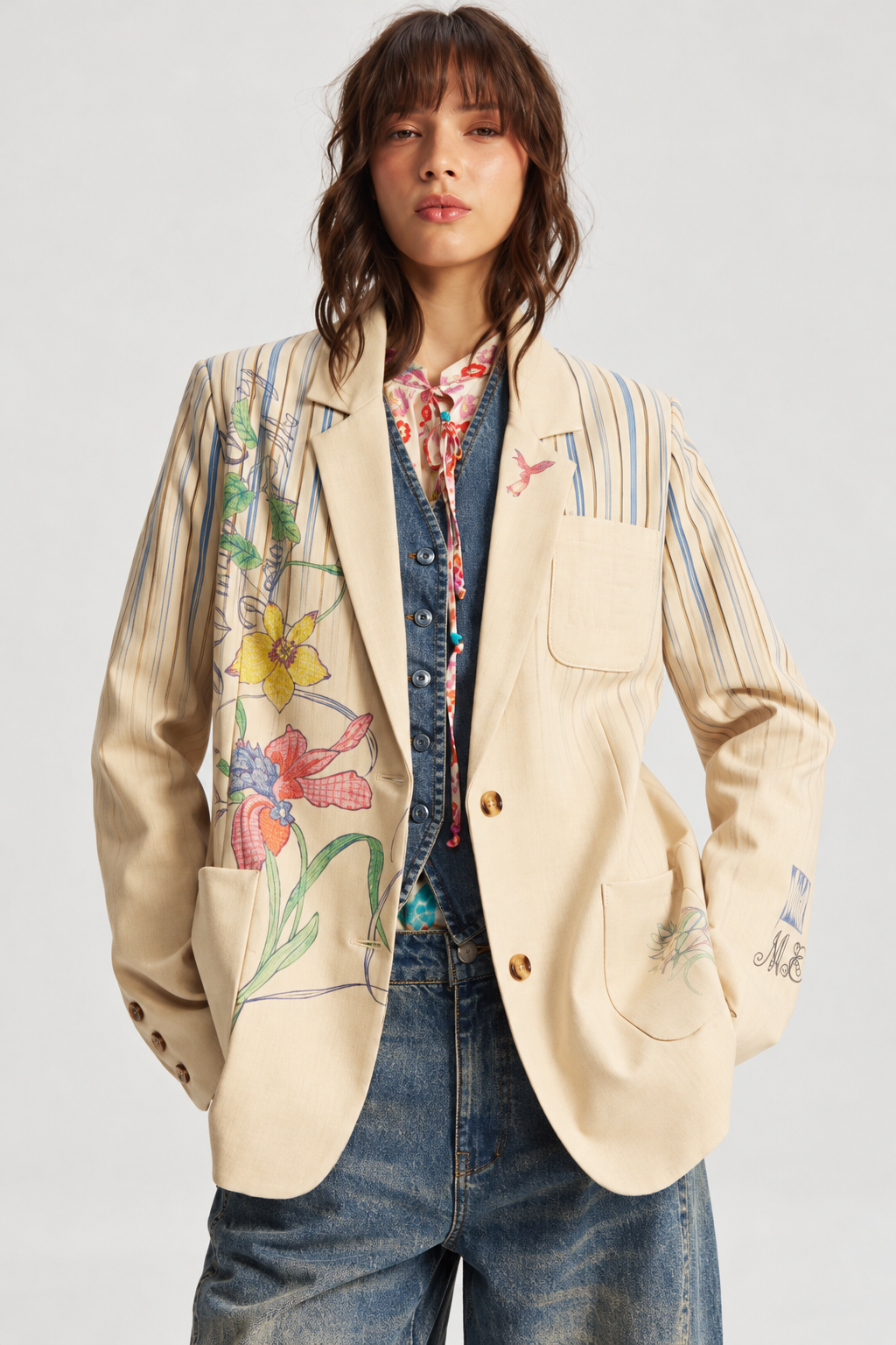 Cream Floral & Stripe Blazer
