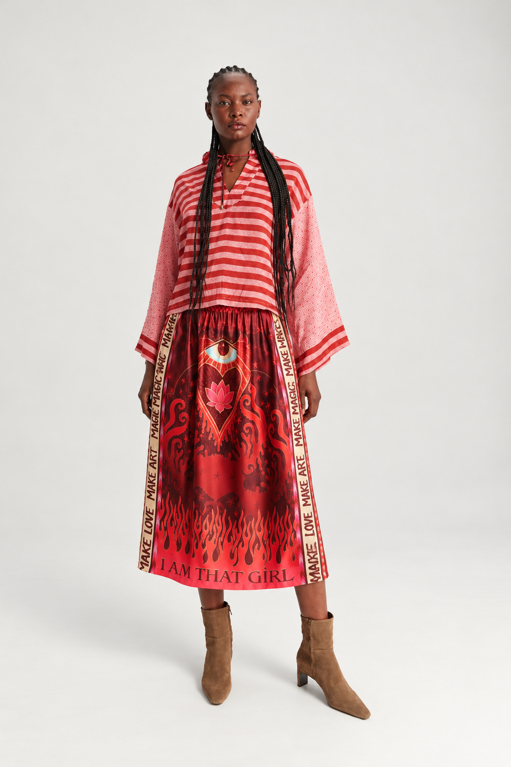 Red Lotus & Flame Print Midi Skirt