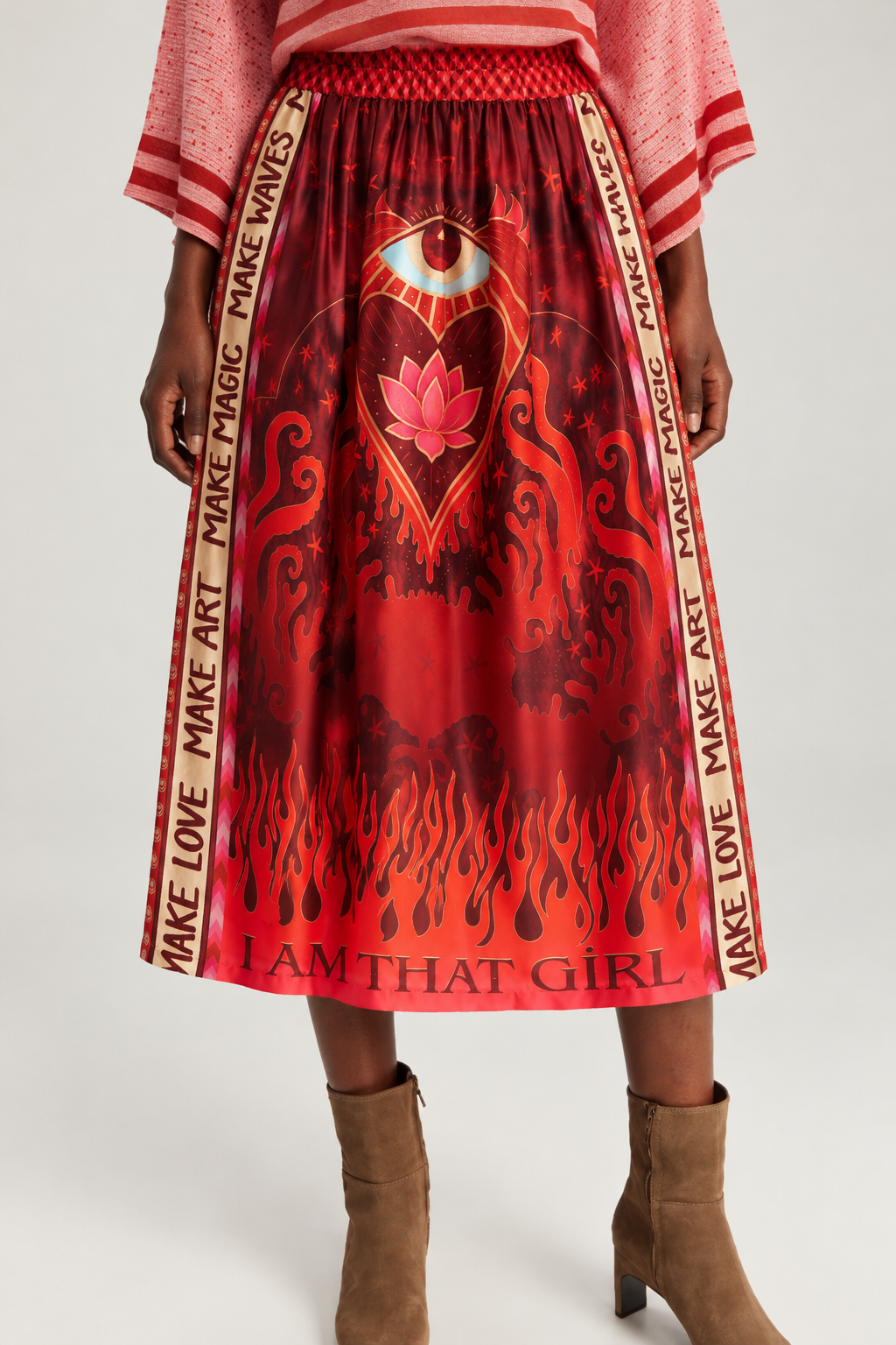 Red Lotus & Flame Print Midi Skirt