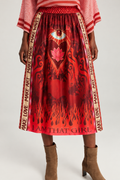 Red Lotus & Flame Print Midi Skirt