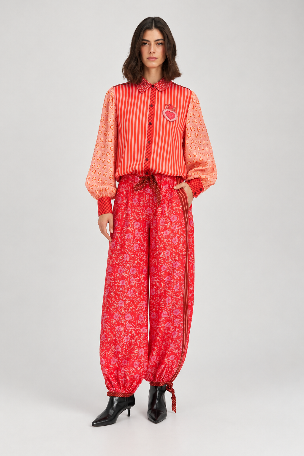 Mixed-Print Heart Motif Blouse