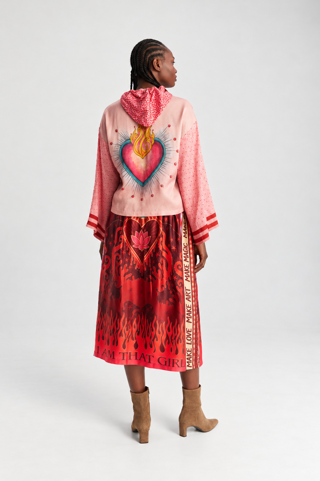 Red Lotus & Flame Print Midi Skirt