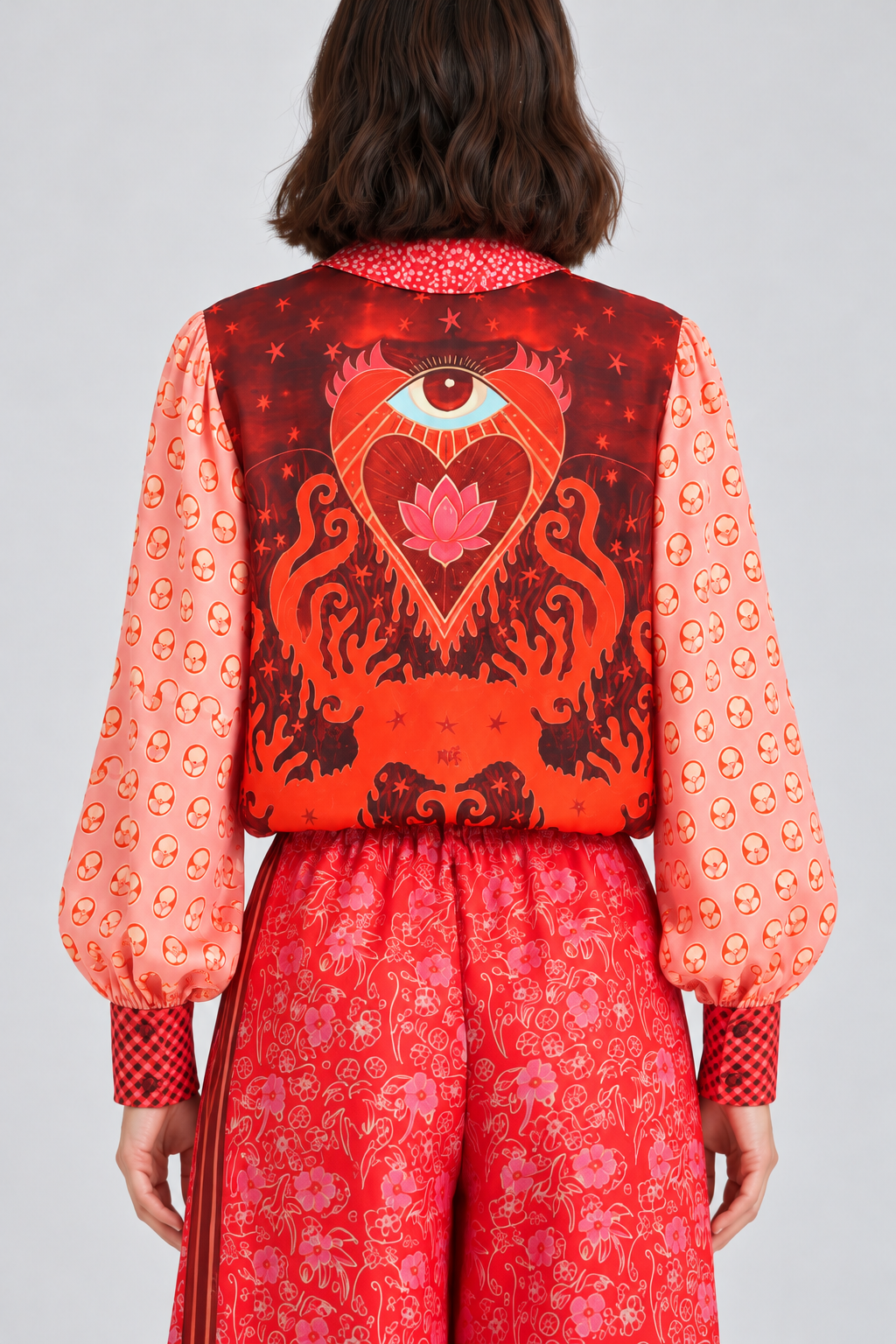 Mixed-Print Heart Motif Blouse