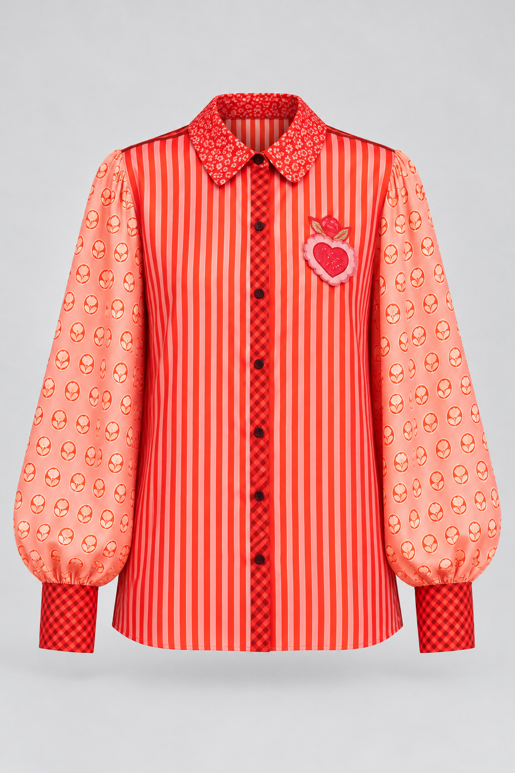 Mixed-Print Heart Motif Blouse