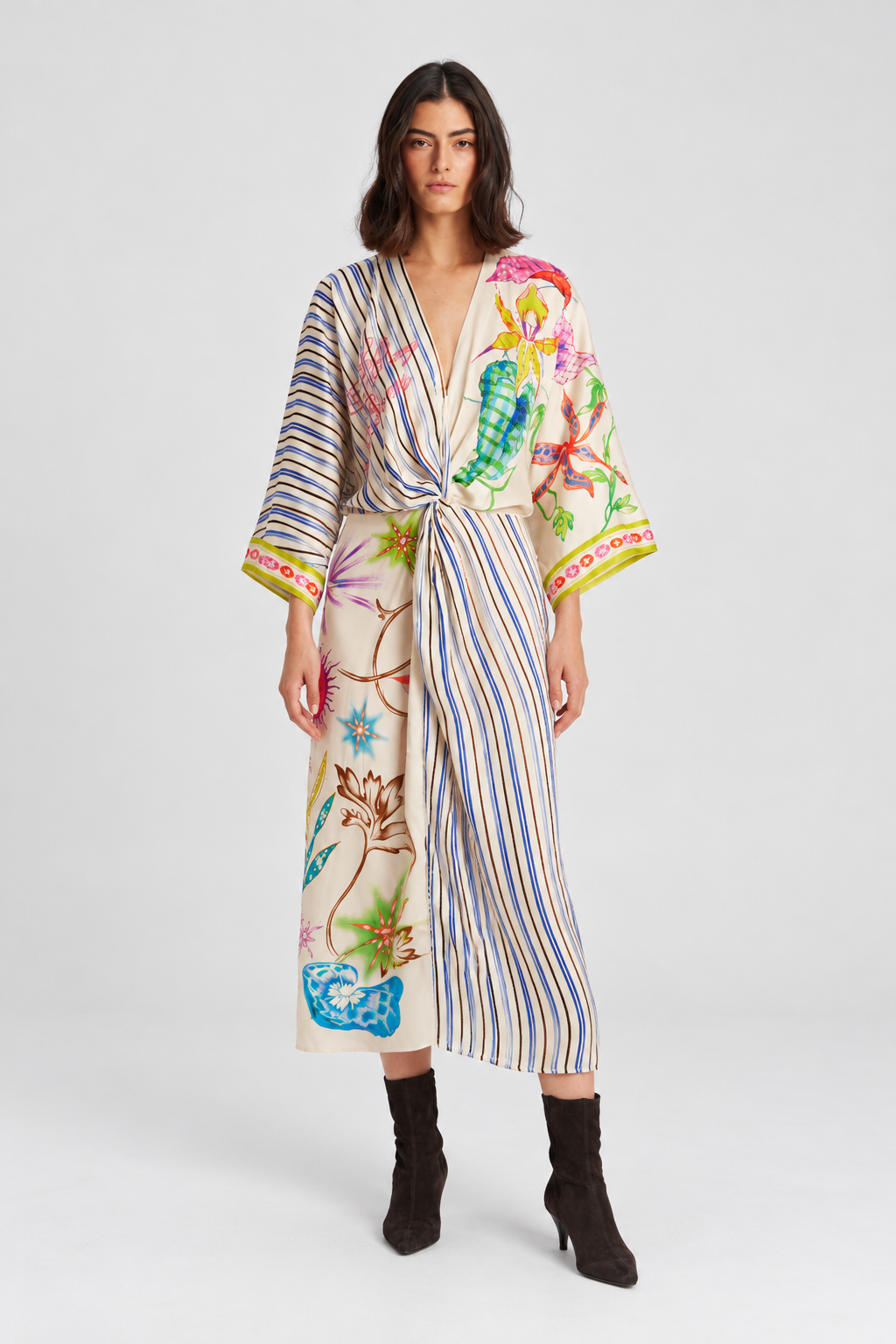 Floral Stripe Twist-Front Midi Dress