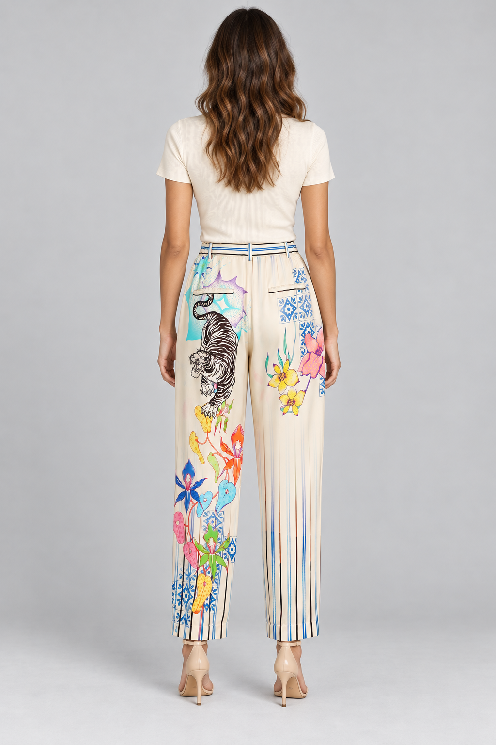 Cream Botanical Print Straight-Leg Pants