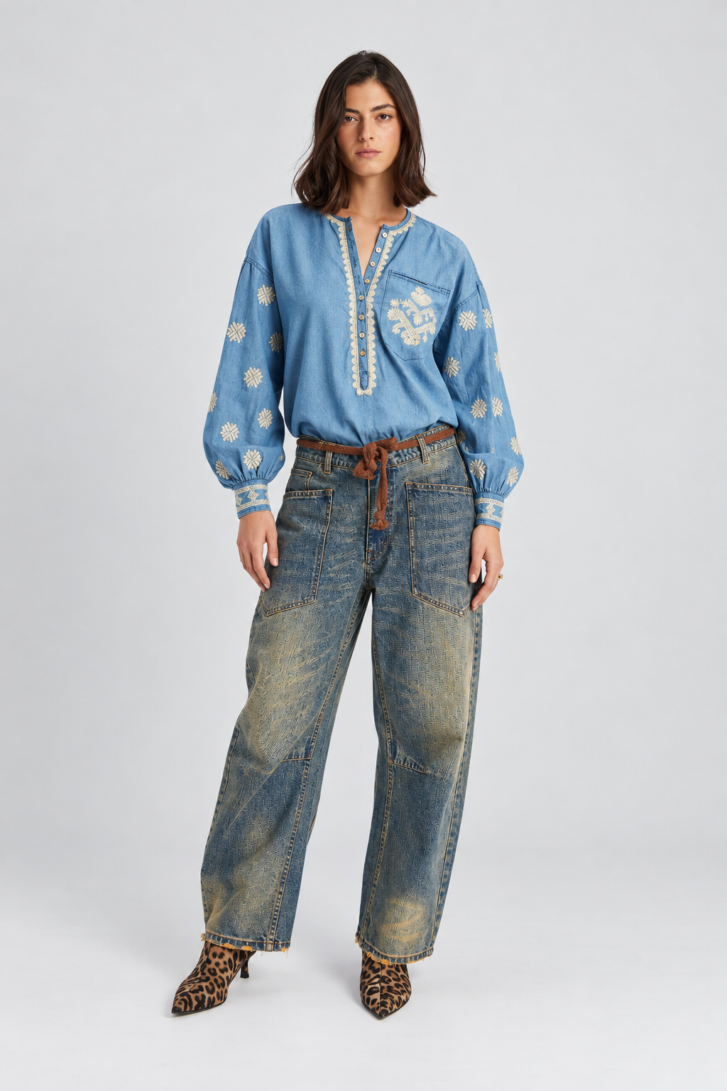Blue Embroidered Denim Blouse