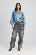 Blue Embroidered Denim Blouse