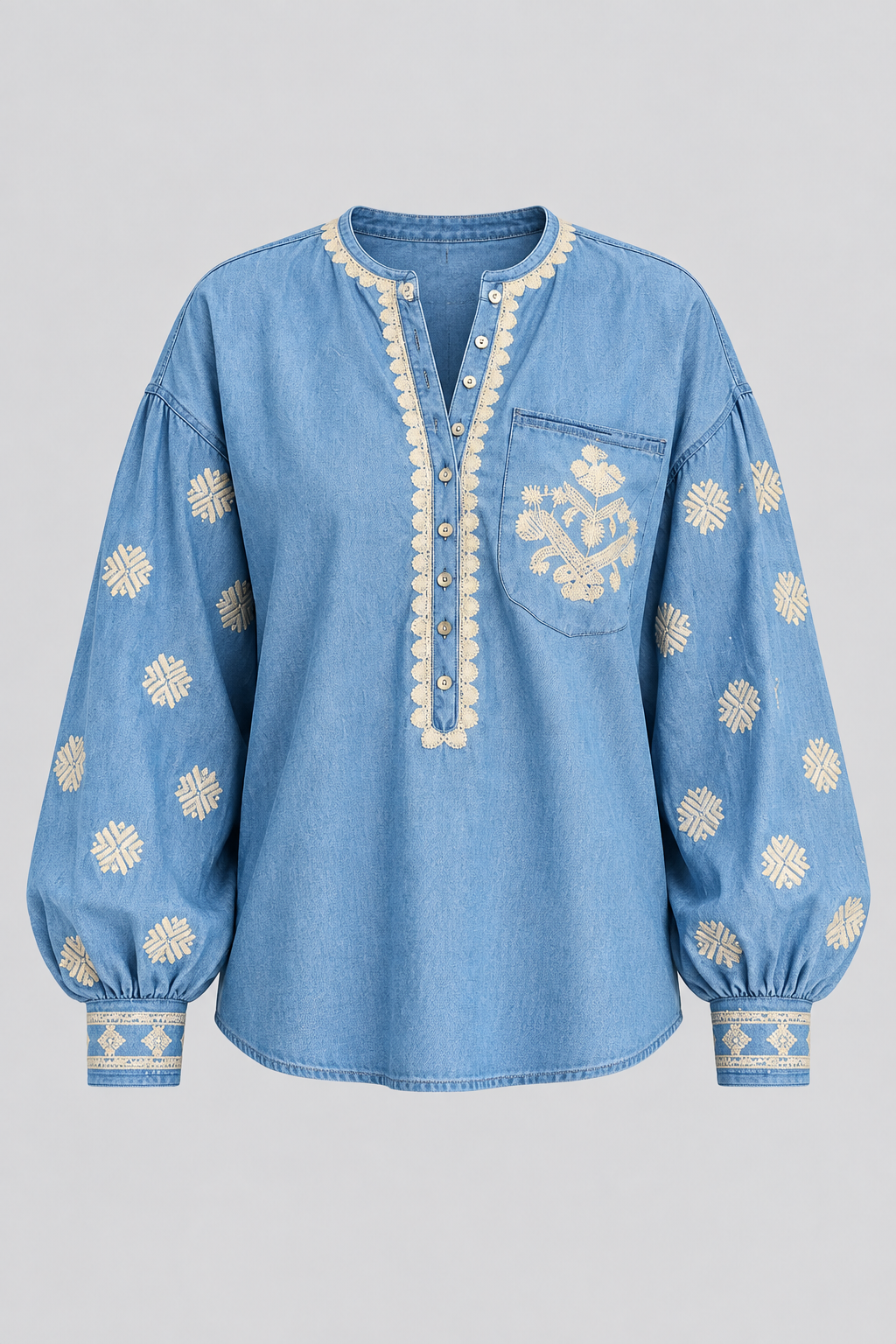 Blue Embroidered Denim Blouse
