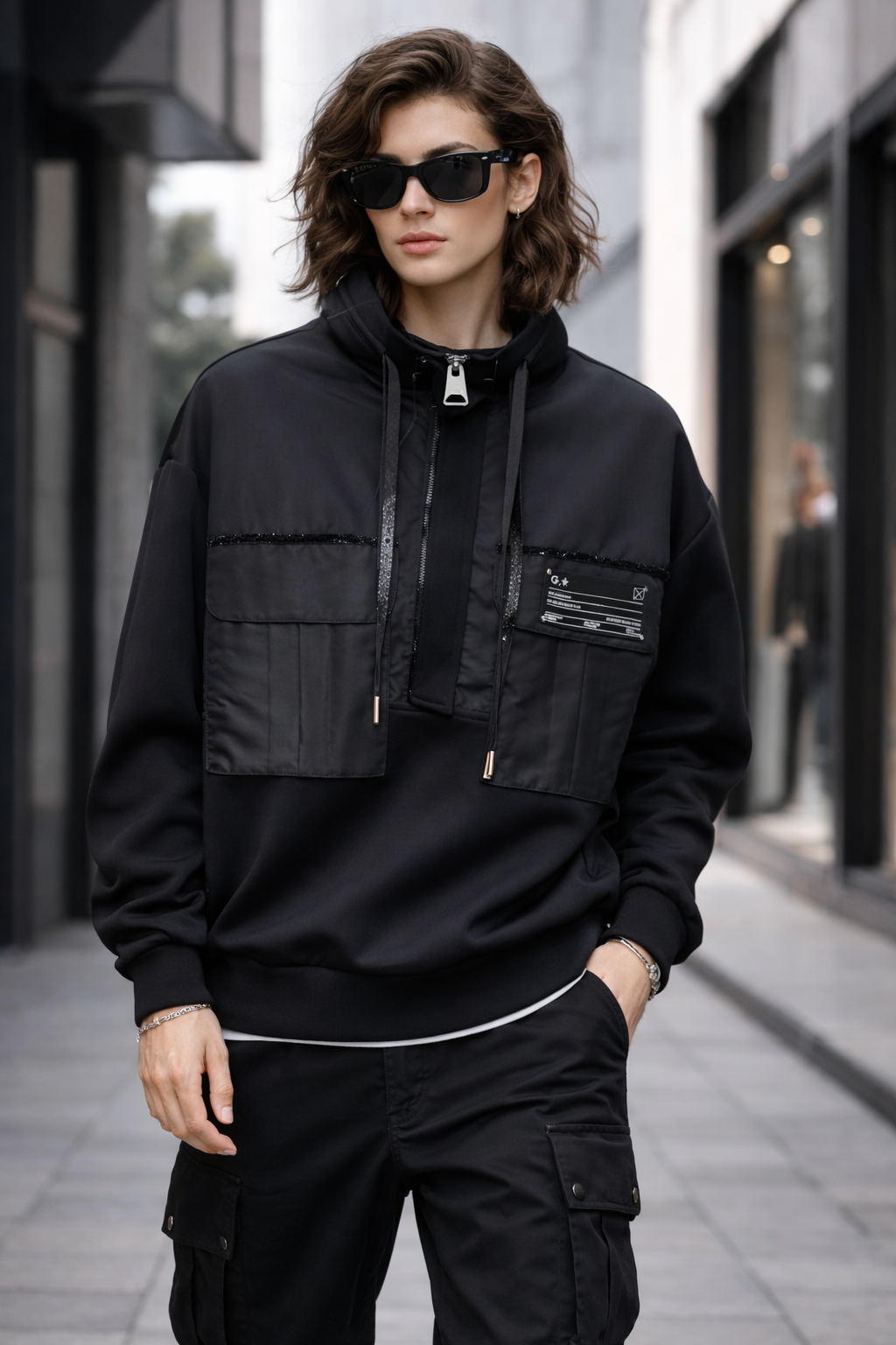 Black satin Pocket sweatshirt