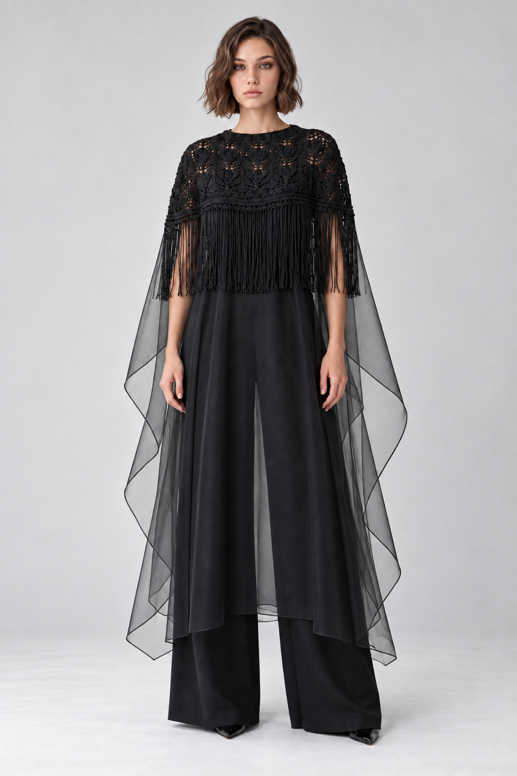 Black Organza Fringe Cape