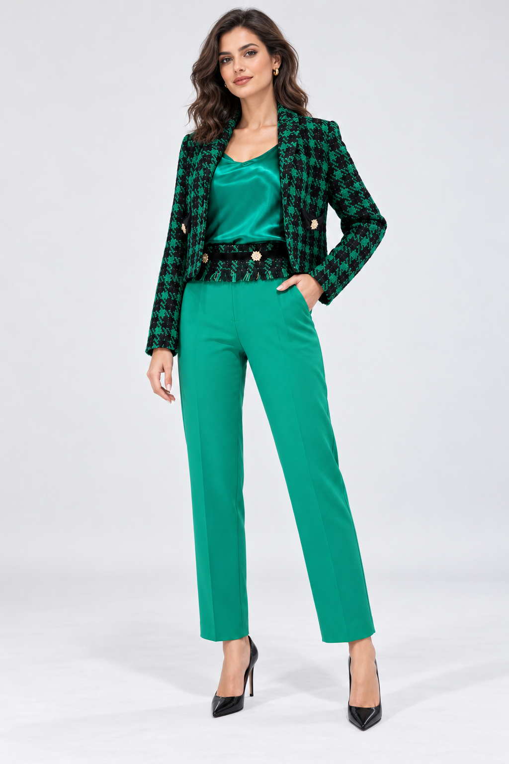 Emerald Tweed Jacket & Tailored Trousers Set