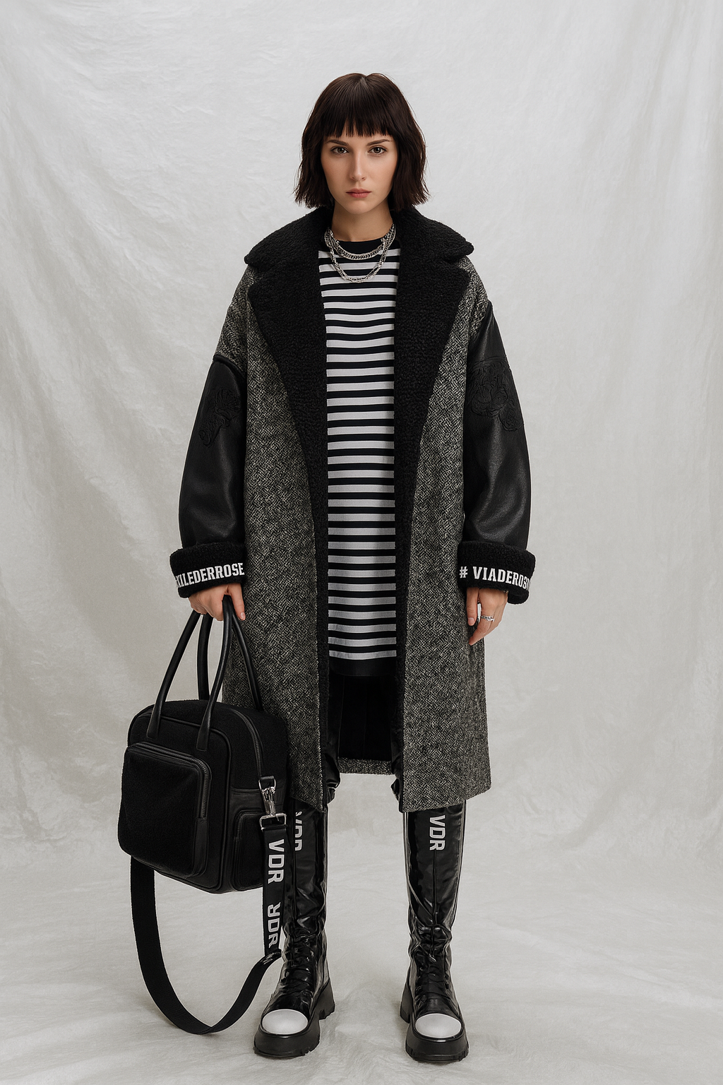 Mixed -Texure Belted Coat