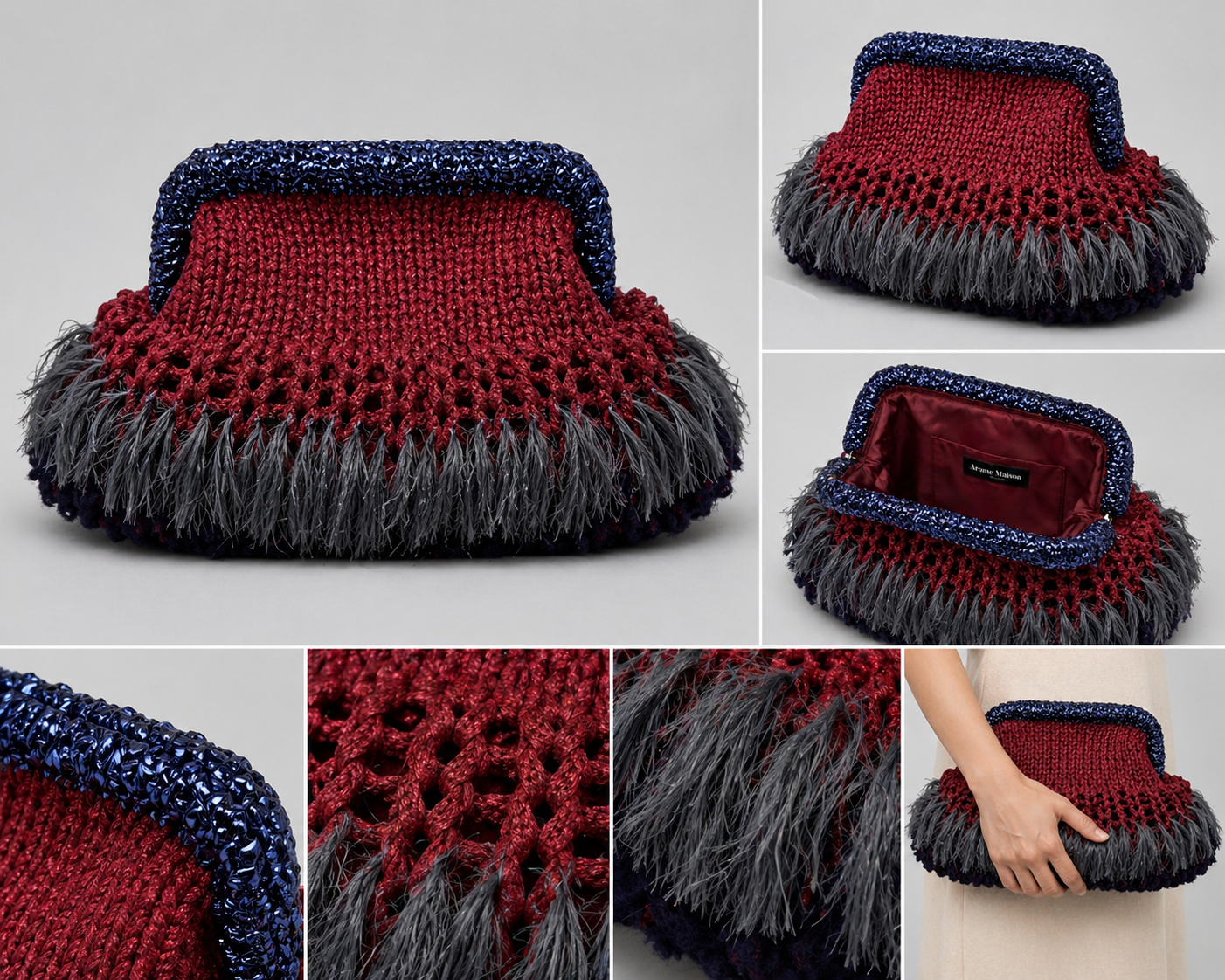 Nadia Dhafri Paris – Burgundy Feather Crochet Clutch