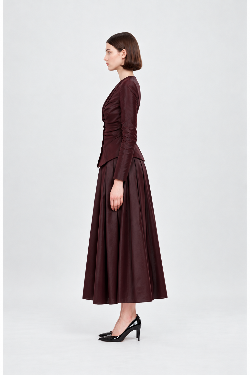 Burgundy Ruched Jacket & Pleated Midi Skirt Set