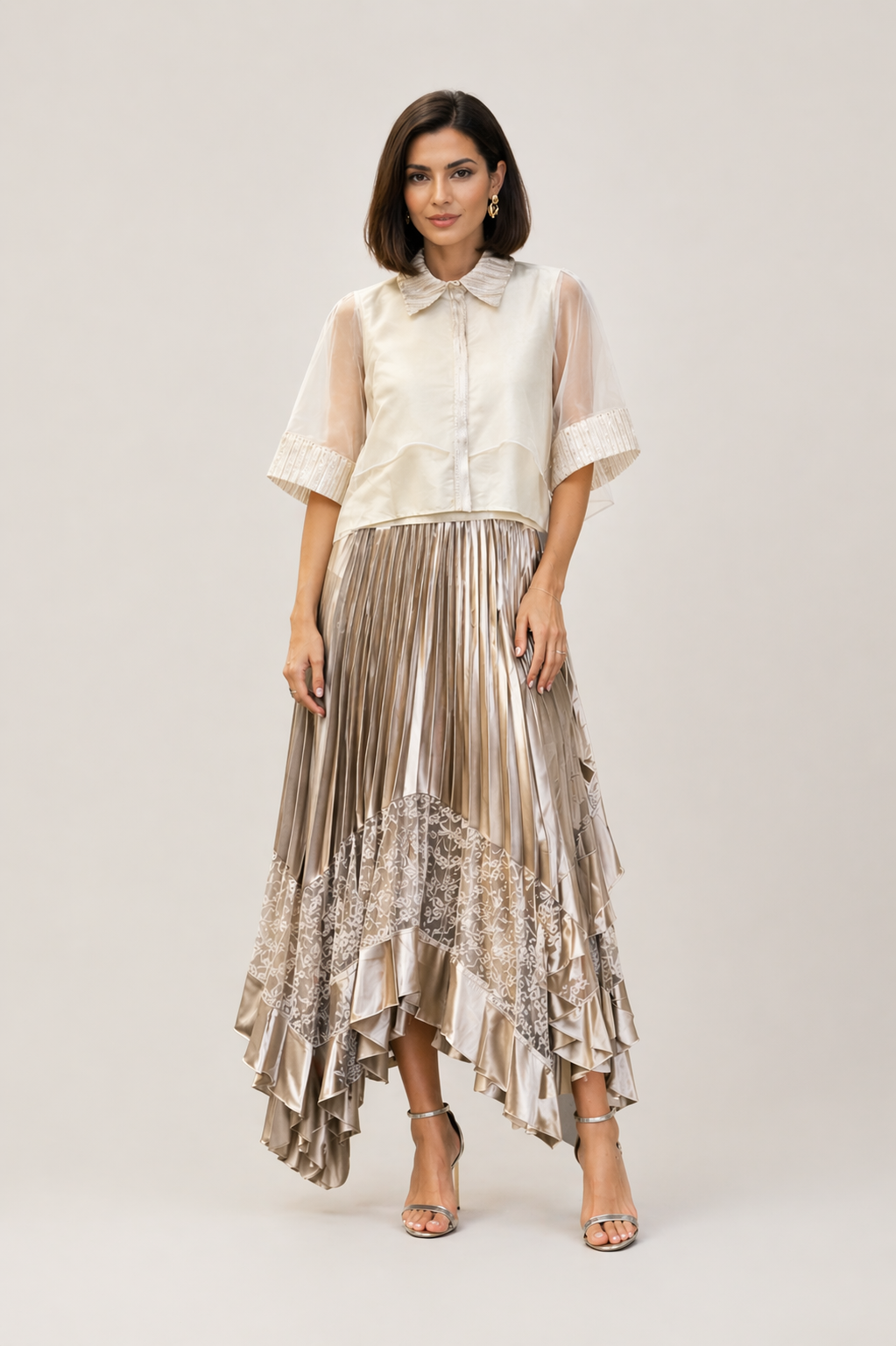 Metallic Pleated Lace Skirt – Champagne Gold
