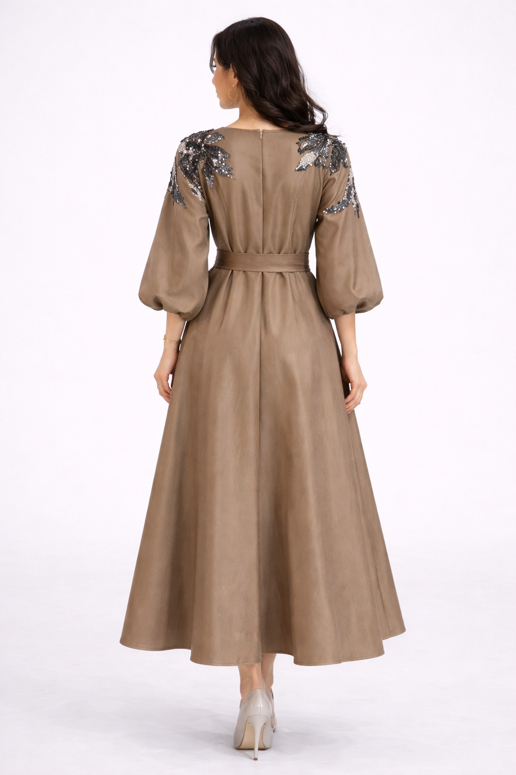 Embellished Linen Midi Dress in Taupe