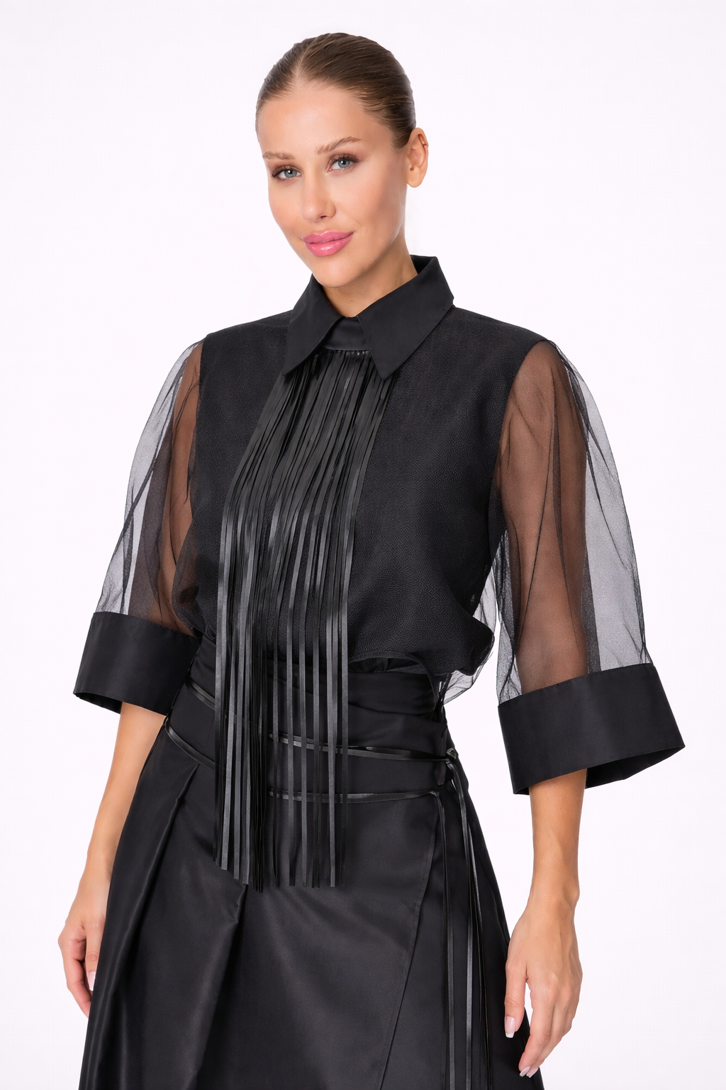 Sheer Fringe-Accent Blouse