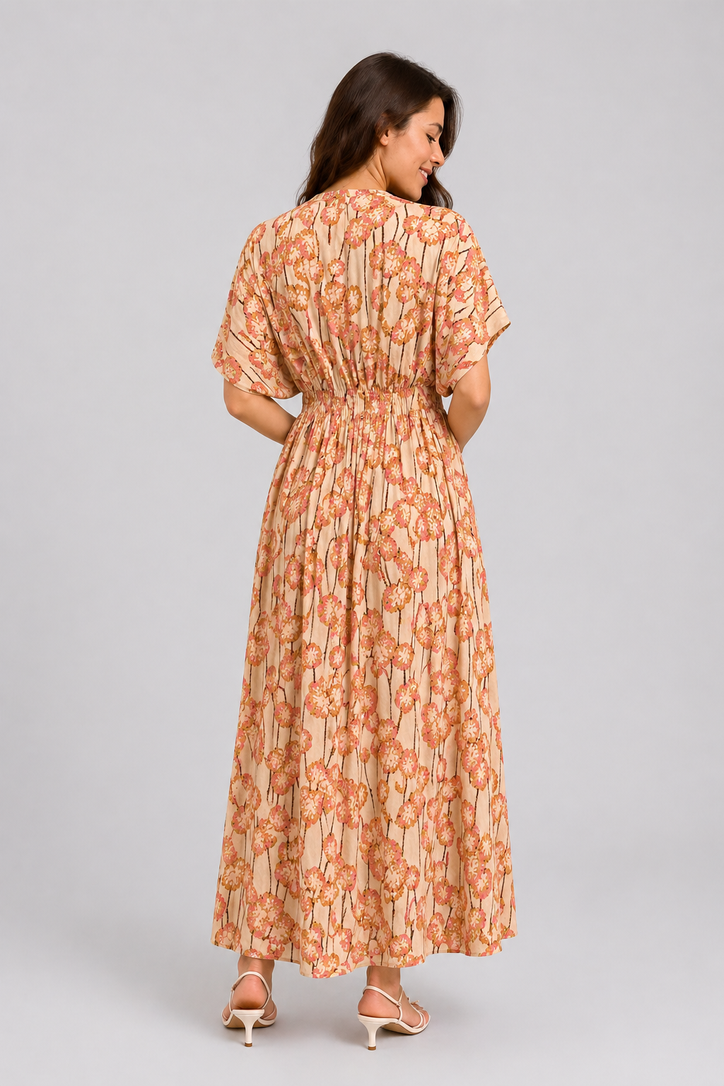 Floral Flow Midi Dress – Soft Peach Bloom