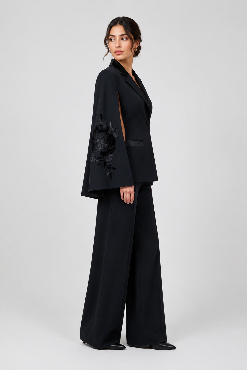 Black Floral Embroidered Cape Blazer