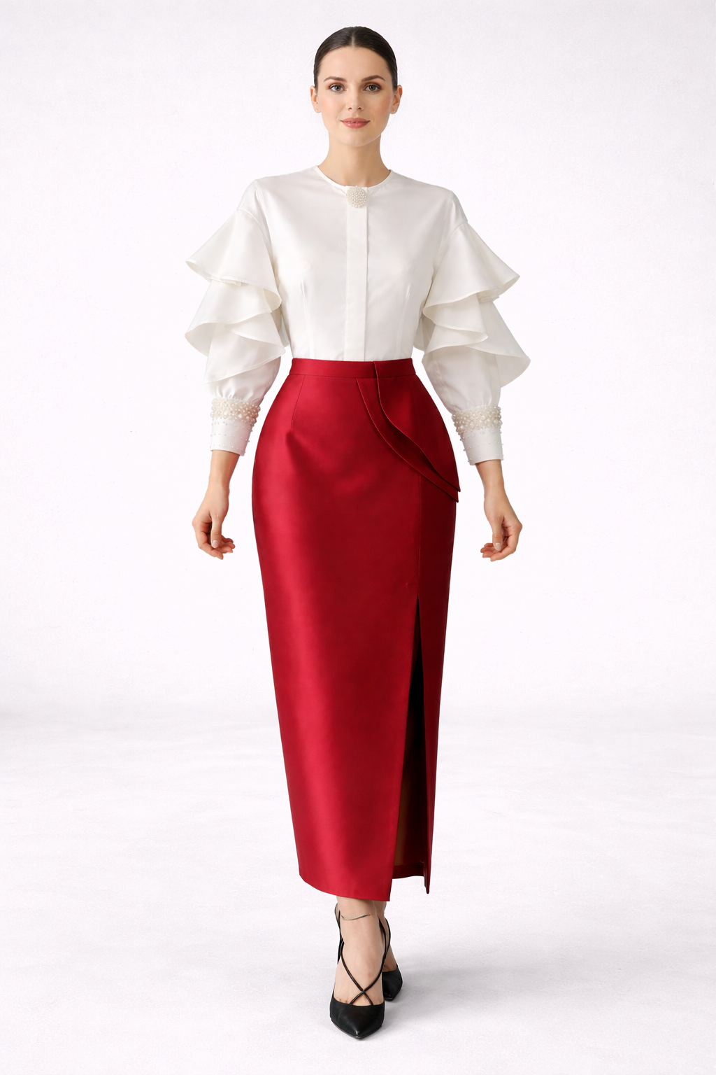 Satin Ruffle Midi Skirt