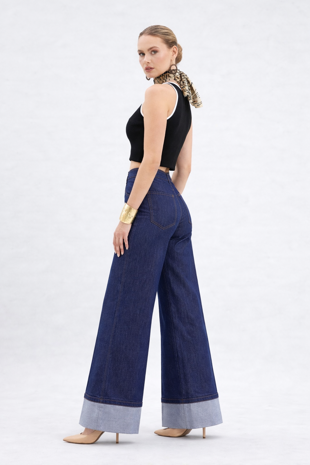 Wide-Leg Cuffed Jeans