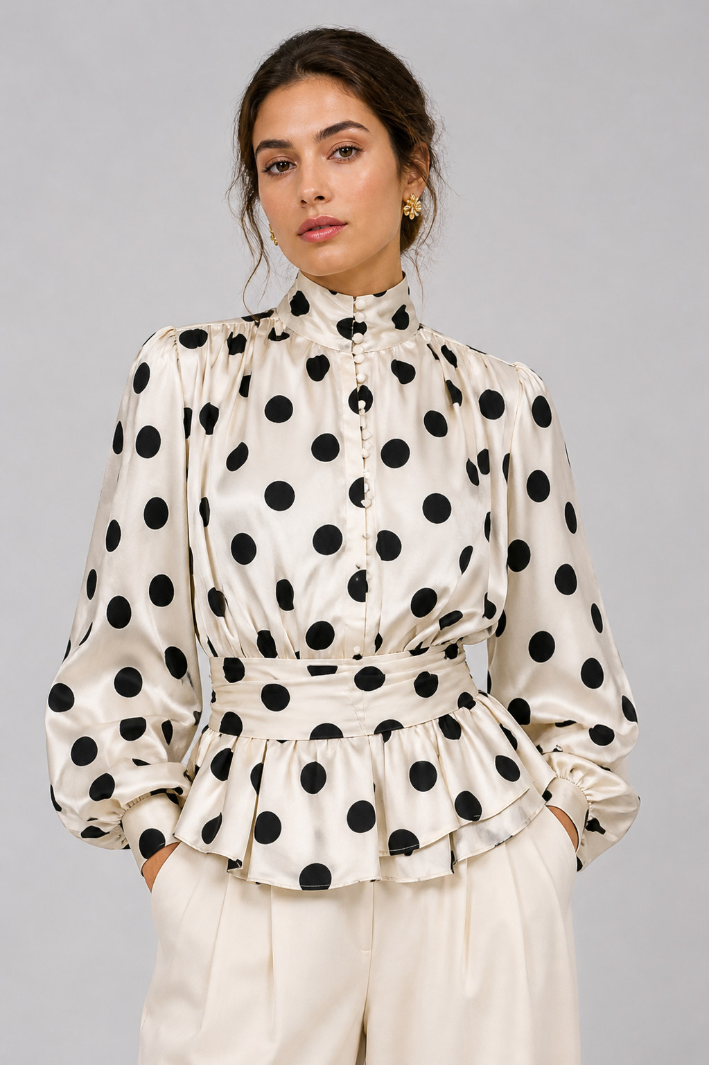Polka Dot Silk Peplum Blouse