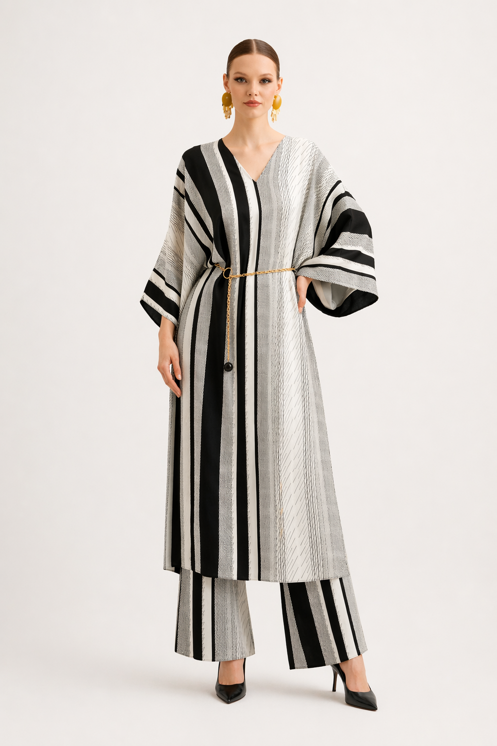 Striped Kaftan Set – Monochrome Elegance