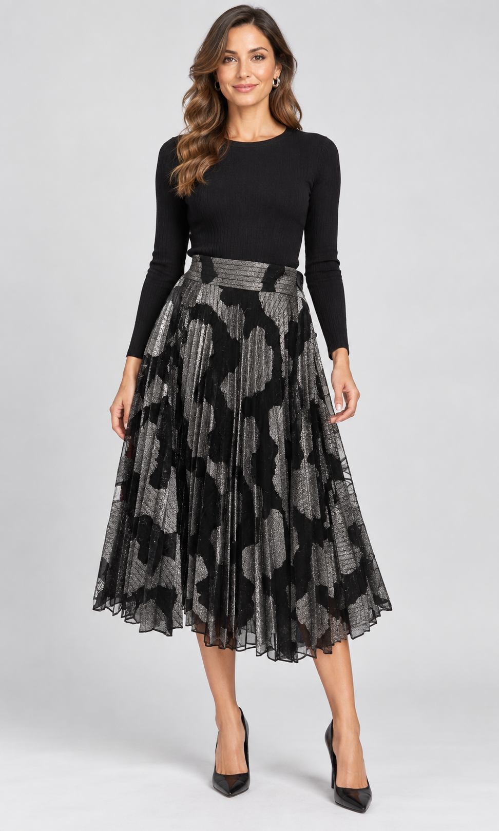 Metallic Floral Pleated Midi Skirt