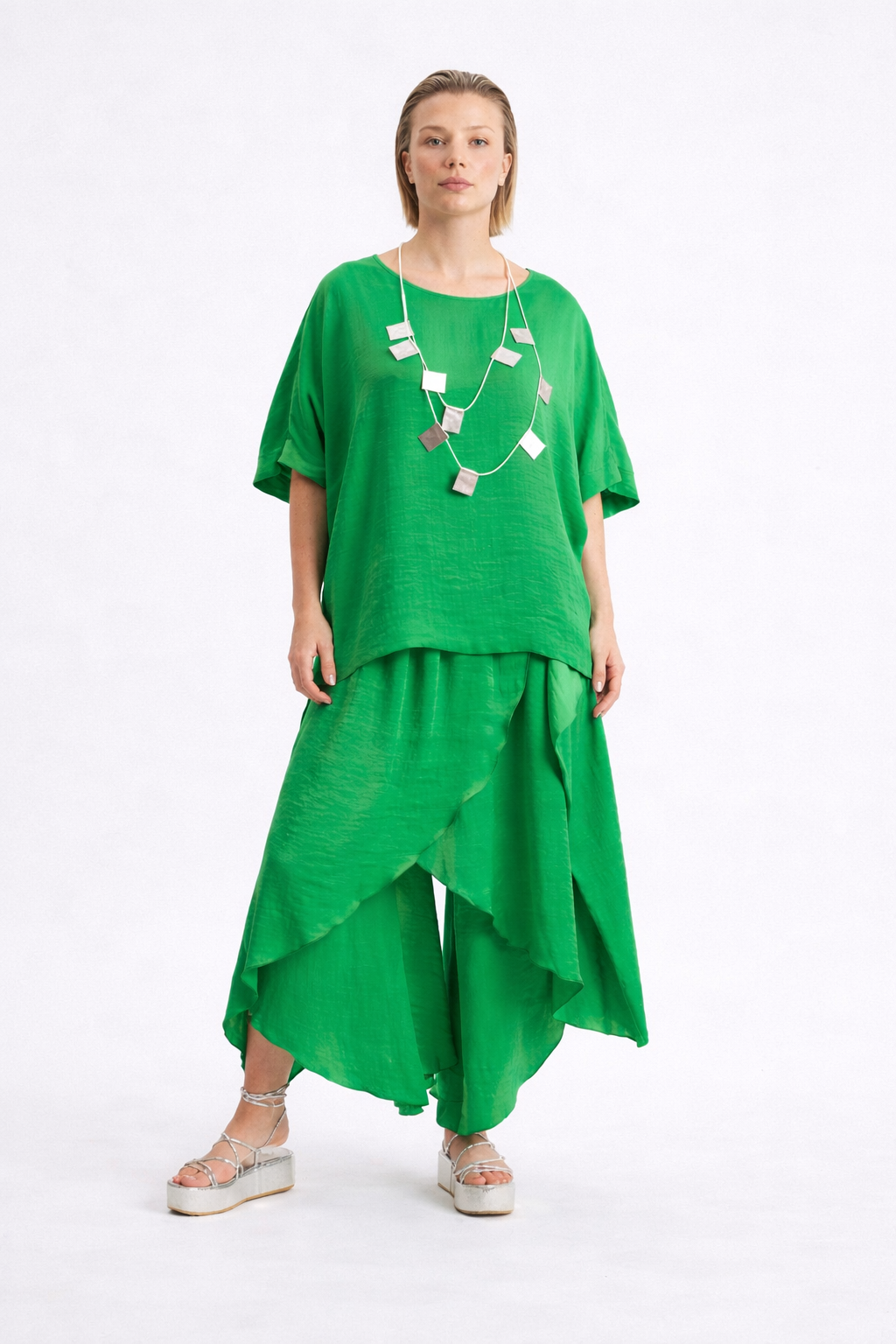 Vibrant Green Silk-Satin Tunic and Wide-Leg Trousers Set