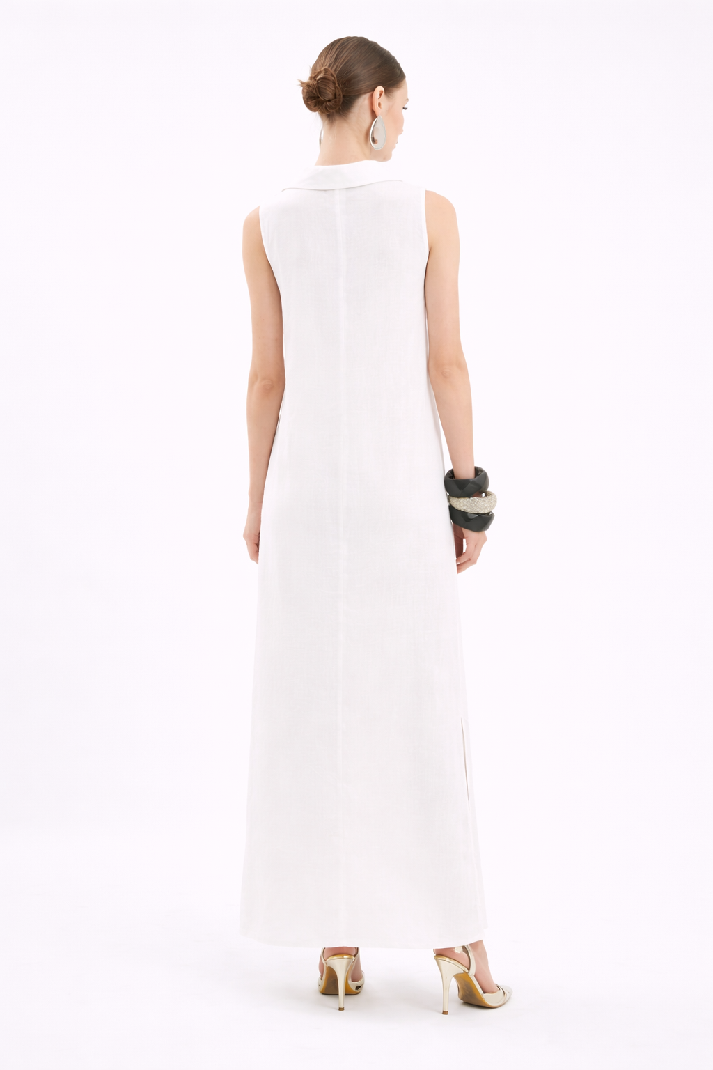 Linen Long Dress with Stones Collar