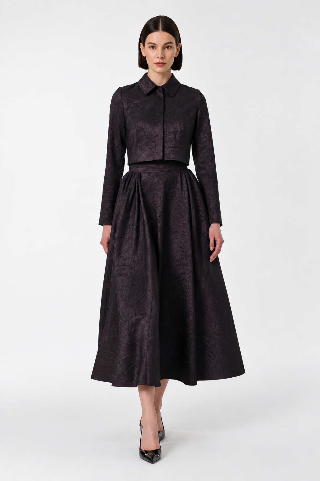 Textured Cropped Jacket & Midi Skirt Set