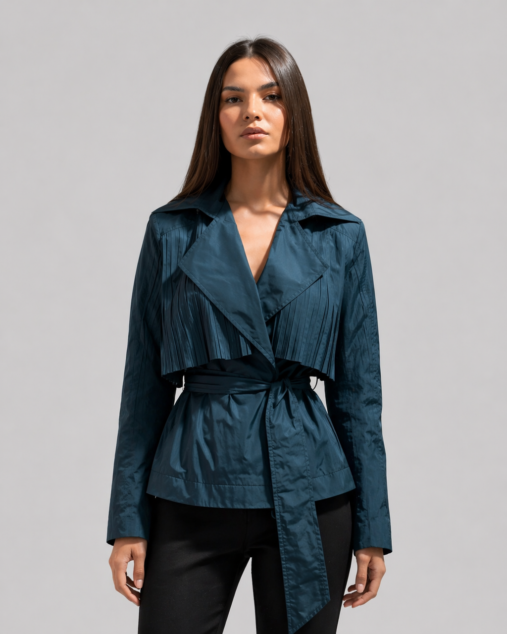 Pleated Detail Belted Jacket & Skirt Set