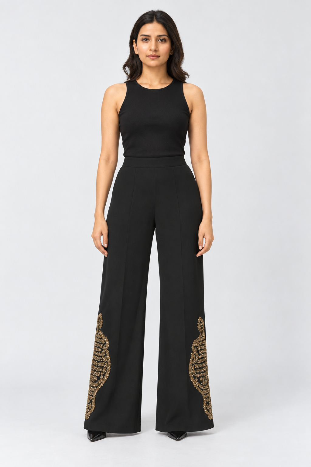 Black Wide-Leg Embellished Trousers