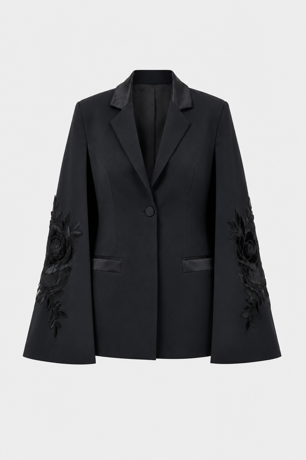 Black Floral Embroidered Cape Blazer