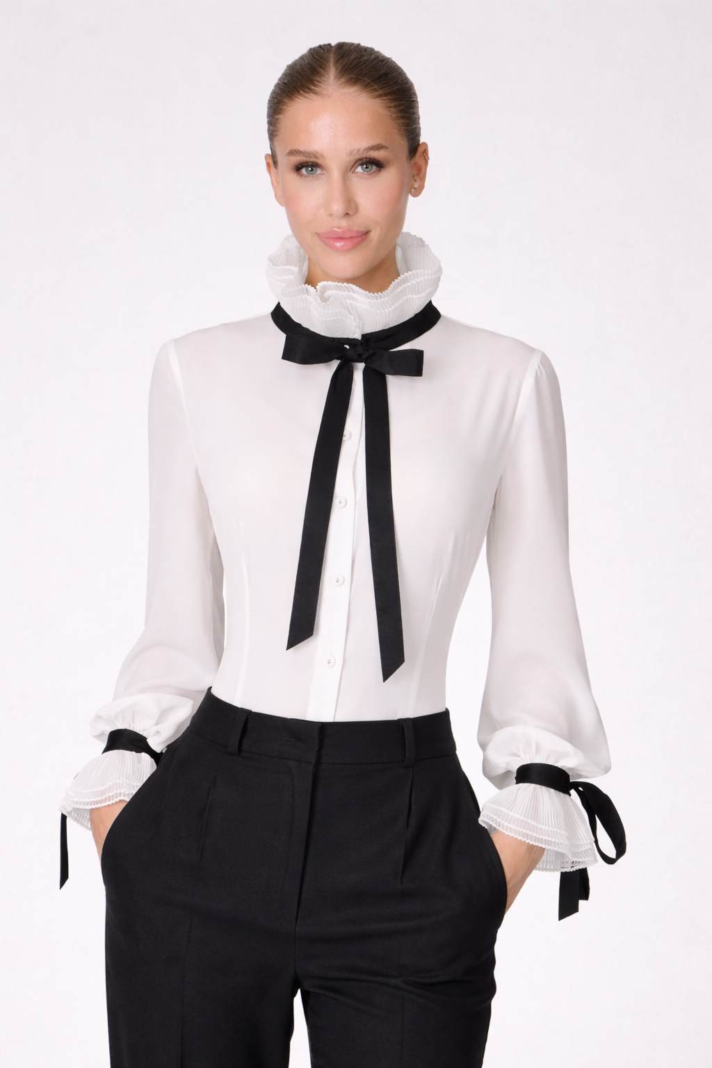 Pleated Ruffle Contrast Blouse