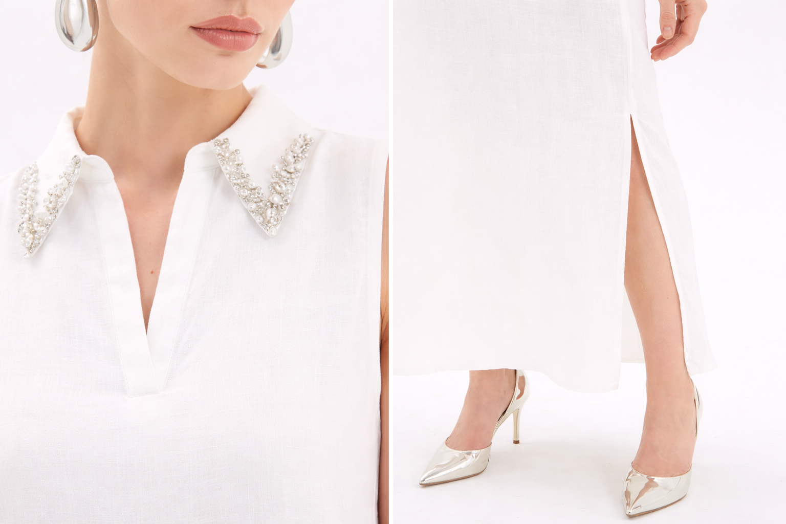 Linen Long Dress with Stones Collar