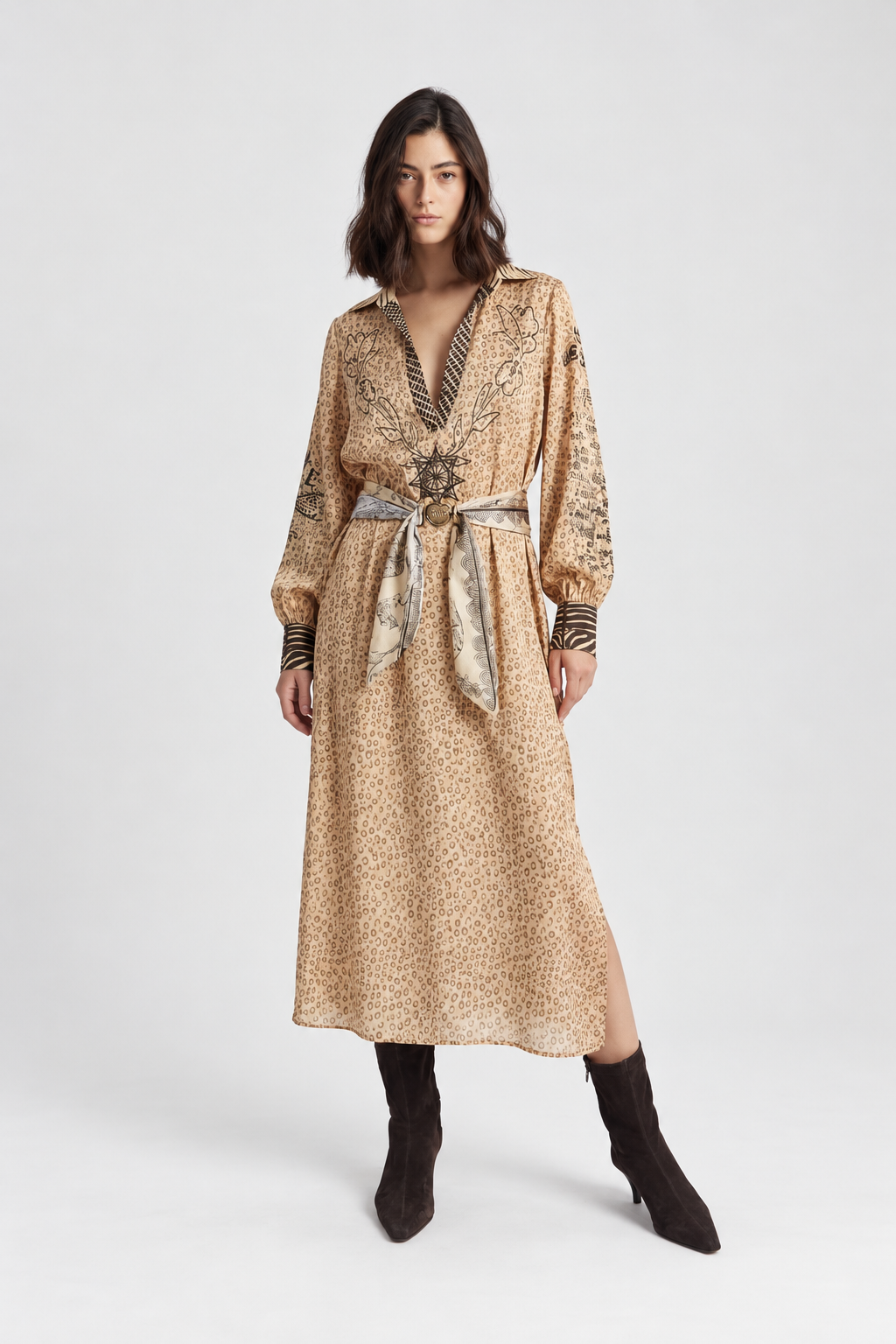 Beige Graphic Print Belted Midi Dress
