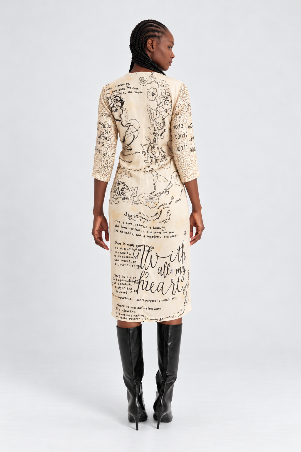 Cream Graphic Print Tie-Front Midi Dress