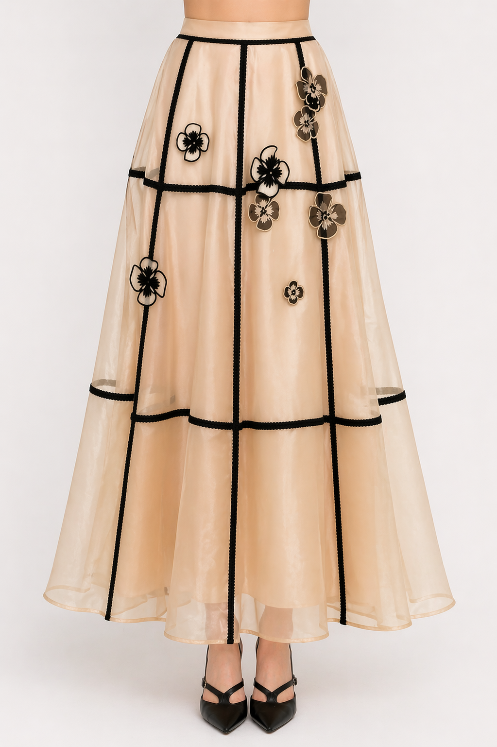 Embroidered Organza Skirt – Nude & Black
