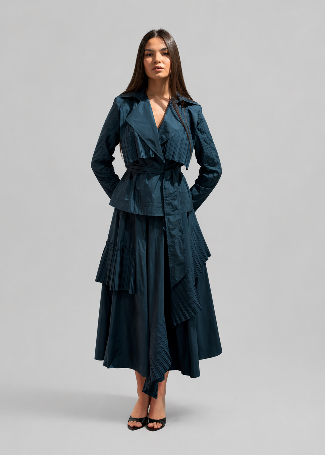 Pleated Detail Belted Jacket & Skirt Set