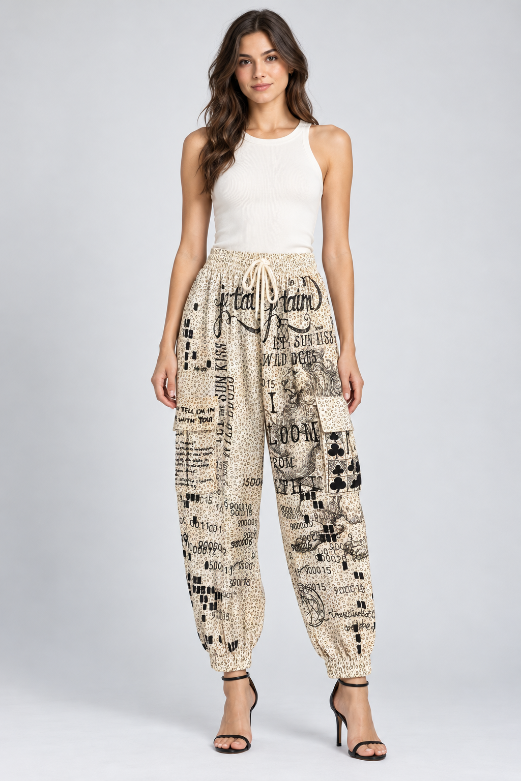 Cream Graphic Print Cargo Pants