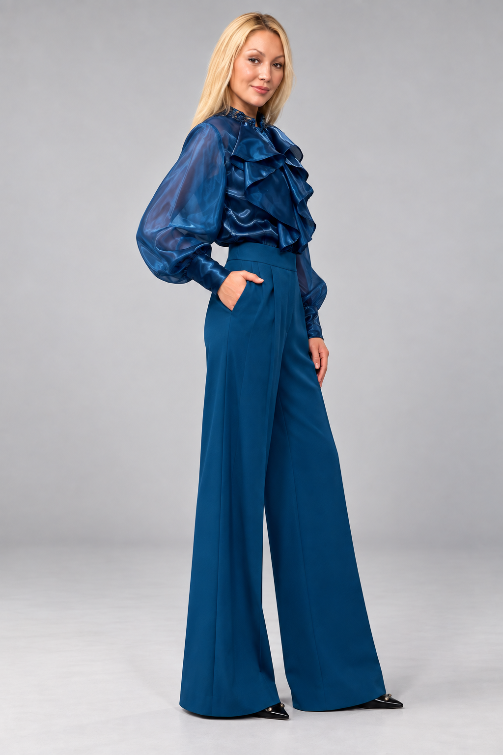 SAY Petrol Ruffle Blouse