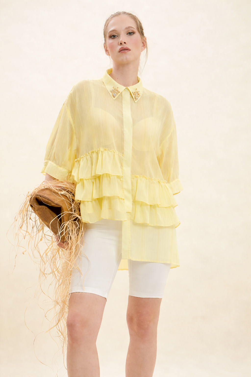 Yellow Ruffled Blouse with Embellished Collar