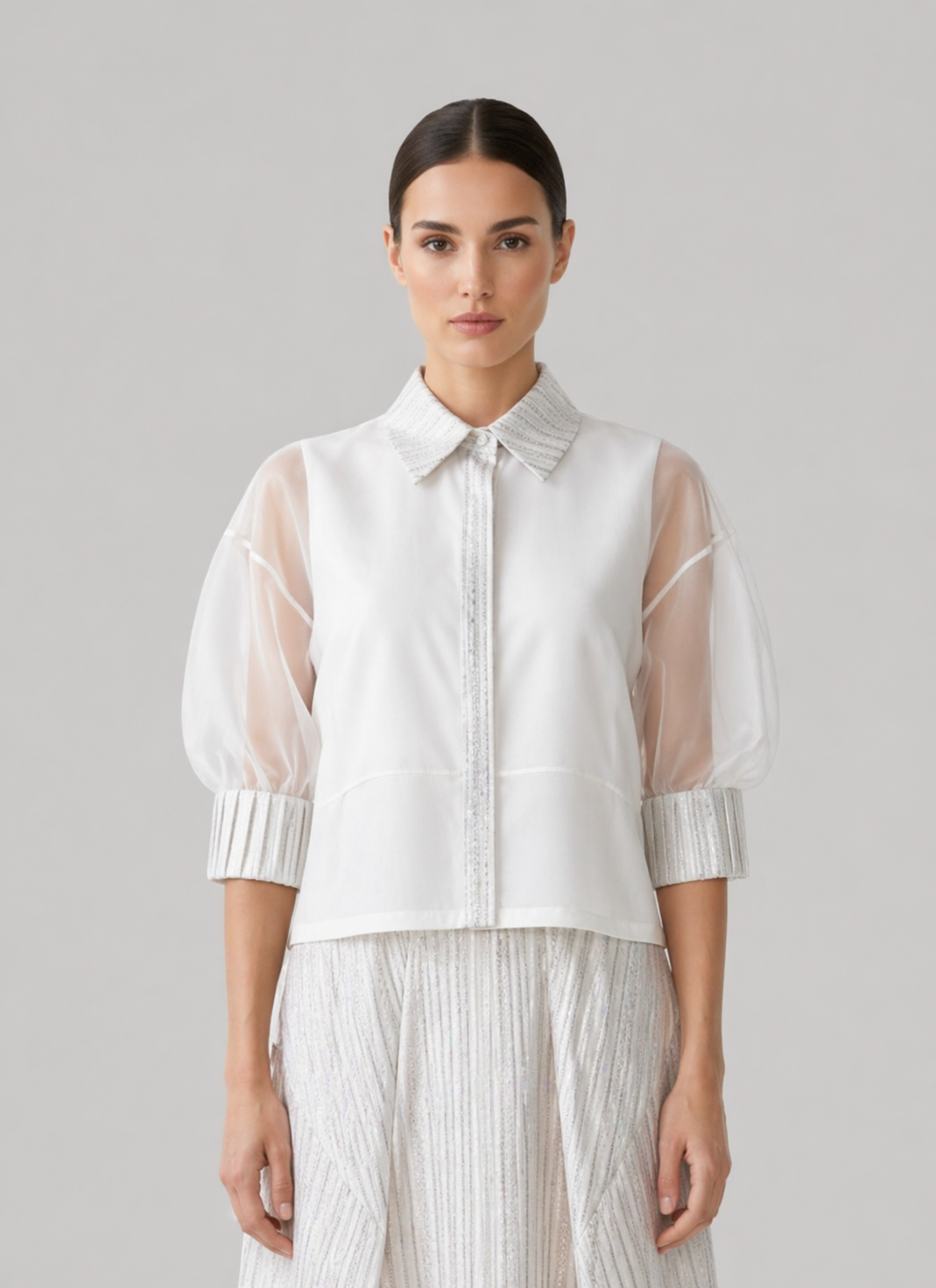 Sheer Sleeve Structured Blouse – Ecru
