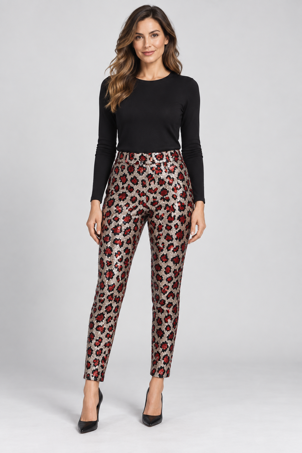 Title: Red Leopard Sequin Slim-Fit Trousers