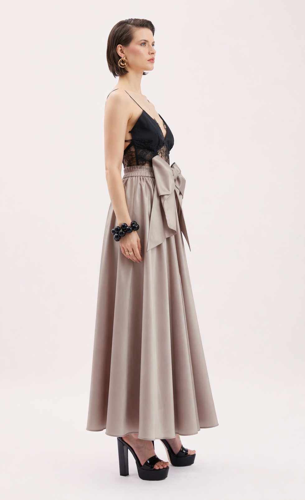 Satin Bow Detail Skirt – Taupe