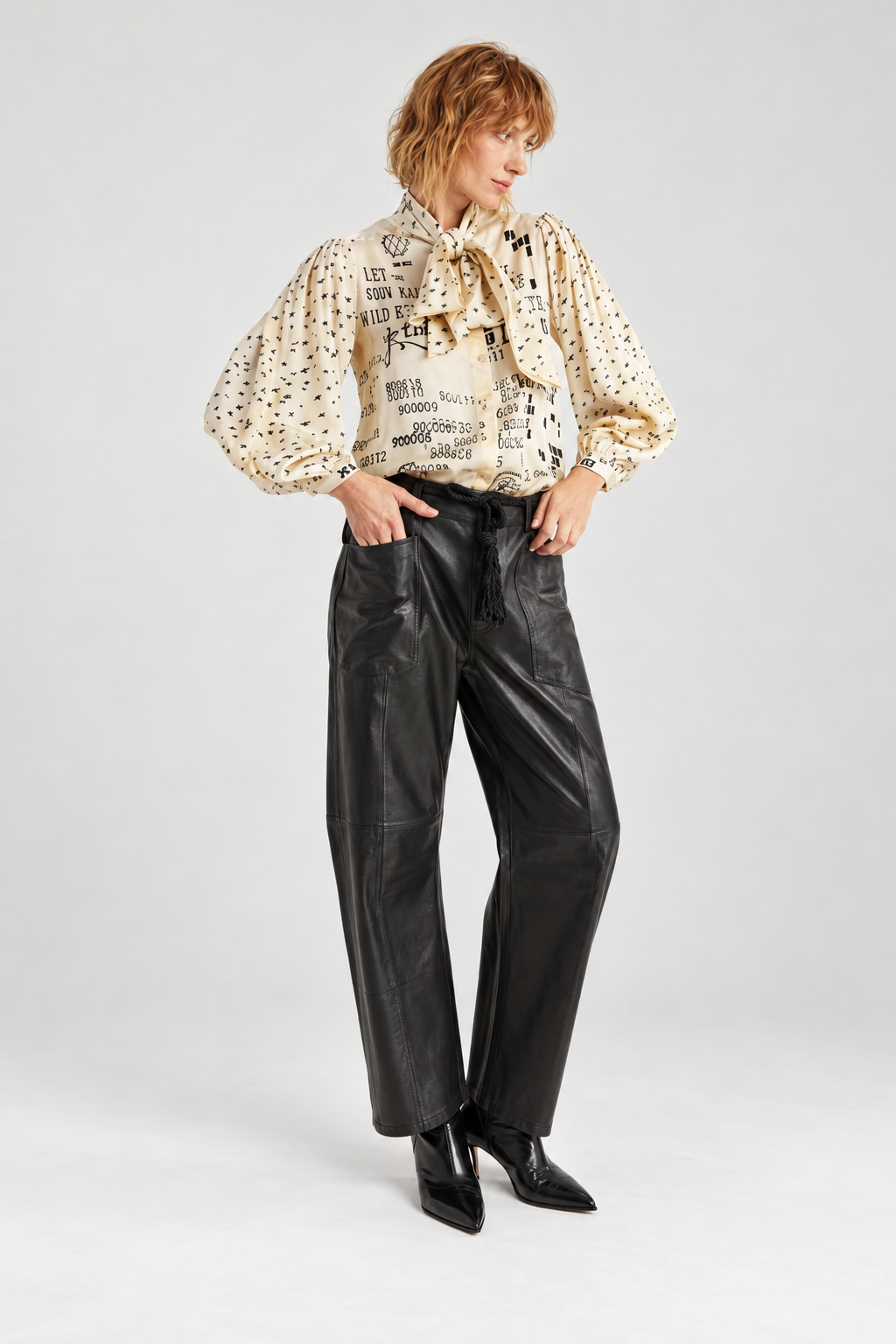 Ivory Graphic Print Bow-Neck Blouse