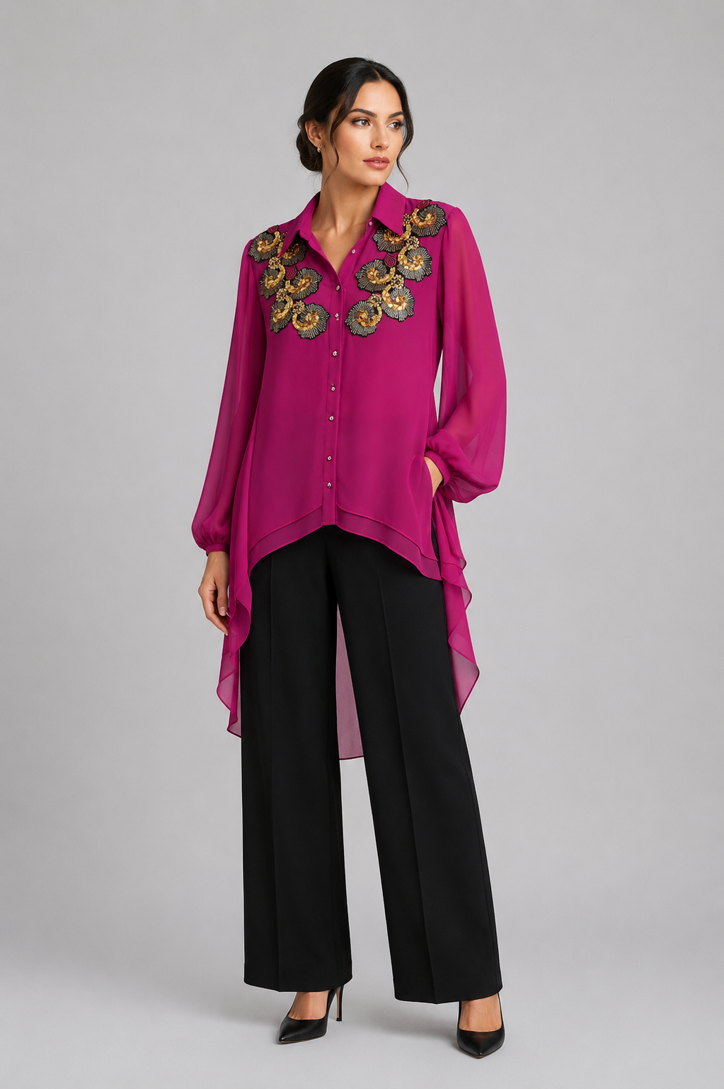 Short Magenta blouse with gold sequin florals