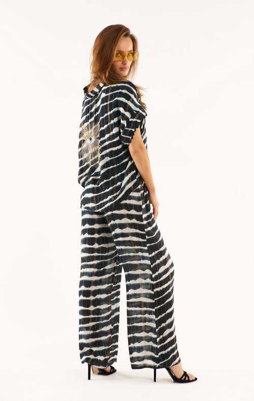 Navy and White Tie-Dye Wide-Leg Trousers